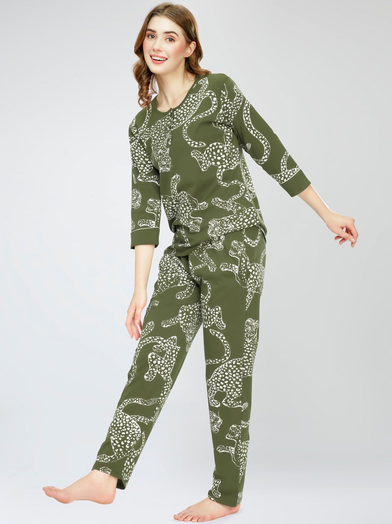 ZEYO Night Suit for Women's Olive Green Leopard Printed Cotton Night Dress of Top and Pajama Set 5787 - Image 4