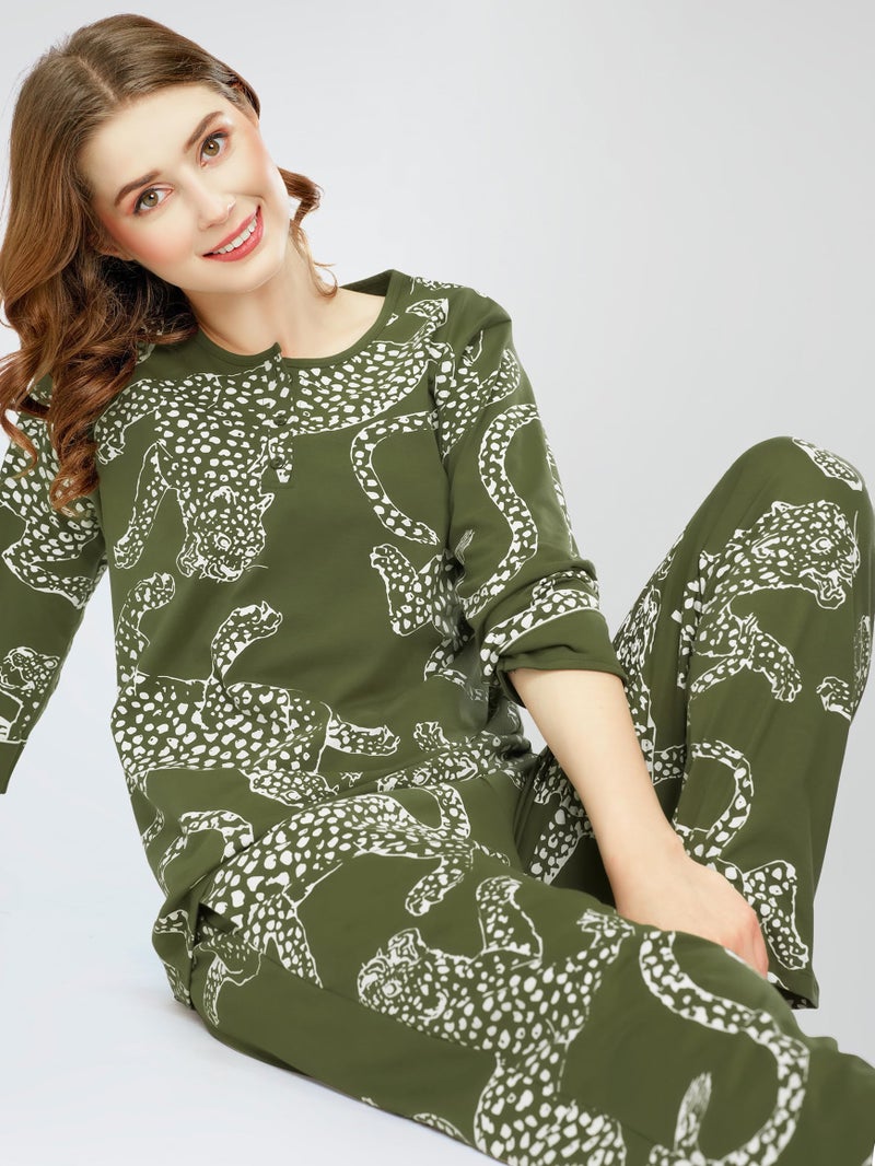 ZEYO Night Suit for Women's Olive Green Leopard Printed Cotton Night Dress of Top and Pajama Set 5787 - Image 3