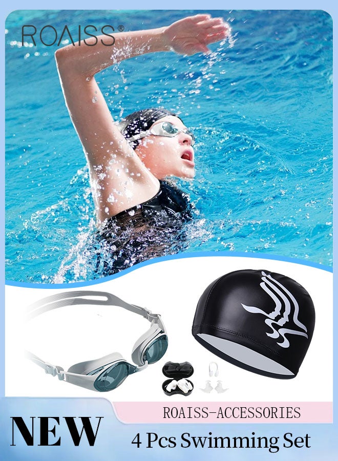 roaiss 4 Pcs Professional Swim Goggles Set for Adult, HD Anti-fog Swimming Goggles, Outdoor Swimming Gear with Goggle, Swimming Cap, Nose Clip and Earplugs for Men Women  - Image 1