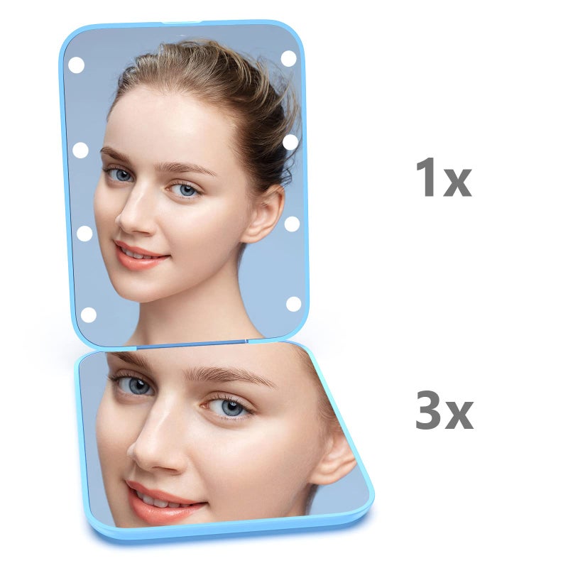 Kintion مرآة جيب كينتيون، 1X/3X تكبير، مرآة مكياج مضيئة مدمجة للسفر مع ضوء، ثنائية الجوانب، محمولة، قابلة للطي، مرآة صغيرة مضيئة للهدايا، زرقاء - Image 5