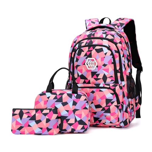 Bansusu 3Pcs Geometric Print Girls Backpack and Lunch Bag Set for Kids Elmentary Middle School Bags Bookbag - Image 1