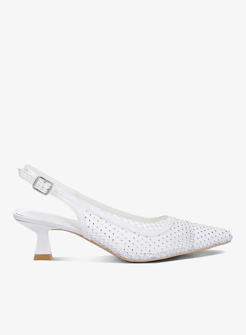 Rhinestone Embellished Slingback Mules in White