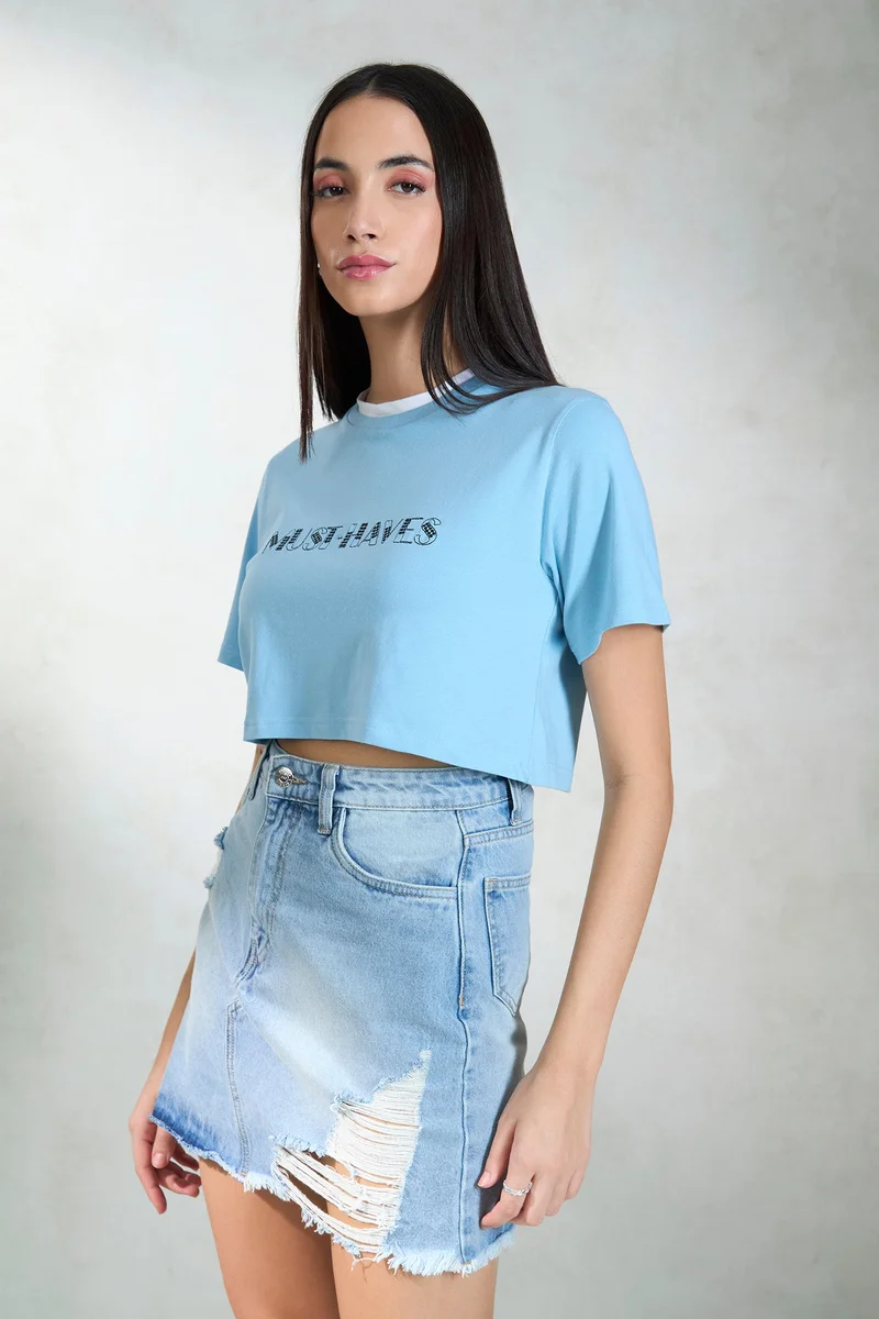 Virgio VIRGIO 100% Cotton Contrast Neck Crop Graphic Tee