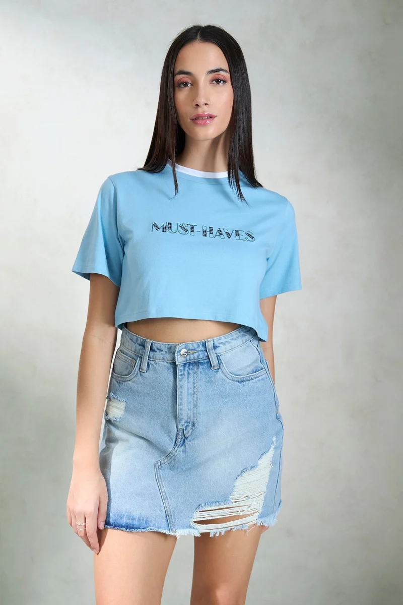 Virgio  VIRGIO 100% Cotton Contrast Neck Crop Graphic Tee for Women | Best Price UAE