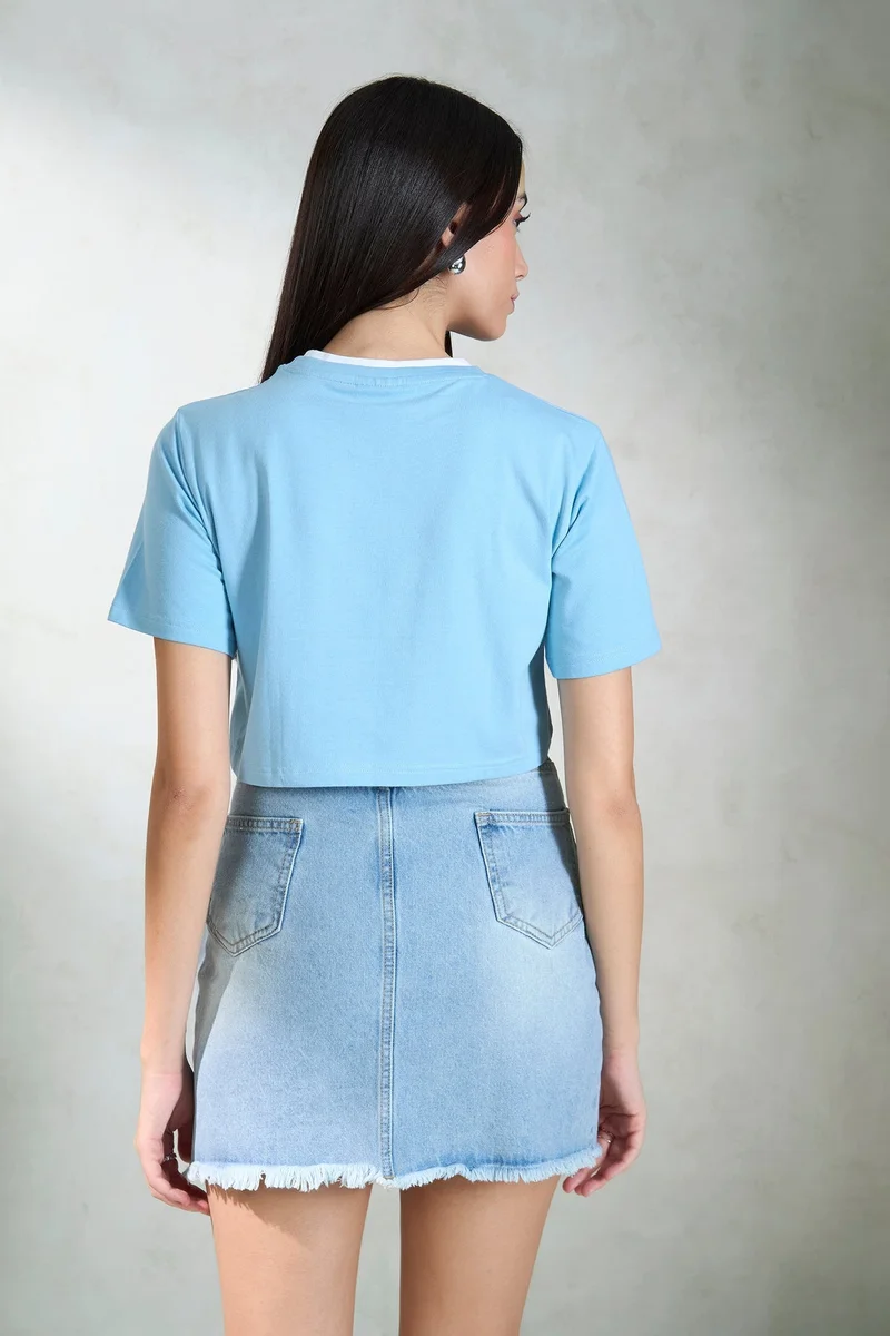 Virgio  VIRGIO 100% Cotton Contrast Neck Crop Graphic Tee for Women | Best Price UAE