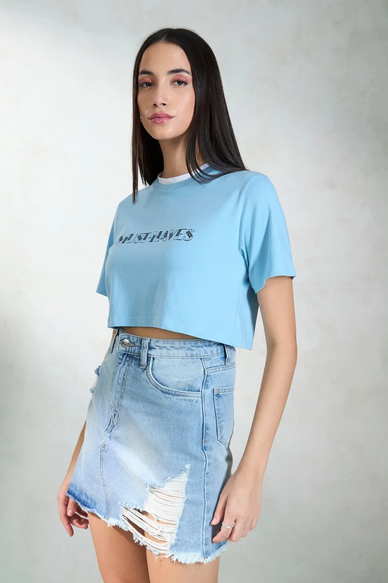 Virgio  VIRGIO 100% Cotton Contrast Neck Crop Graphic Tee for Women | Best Price UAE