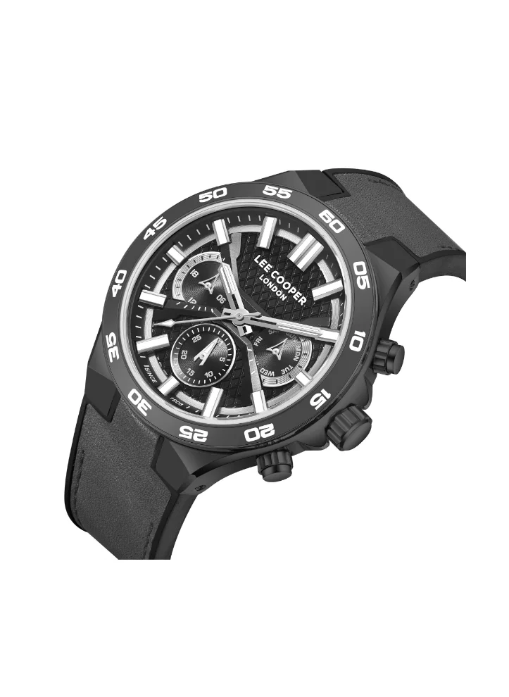 لي كوبر Men's Multi Function Display Watch With Grey Leather Strap - LC08066.066