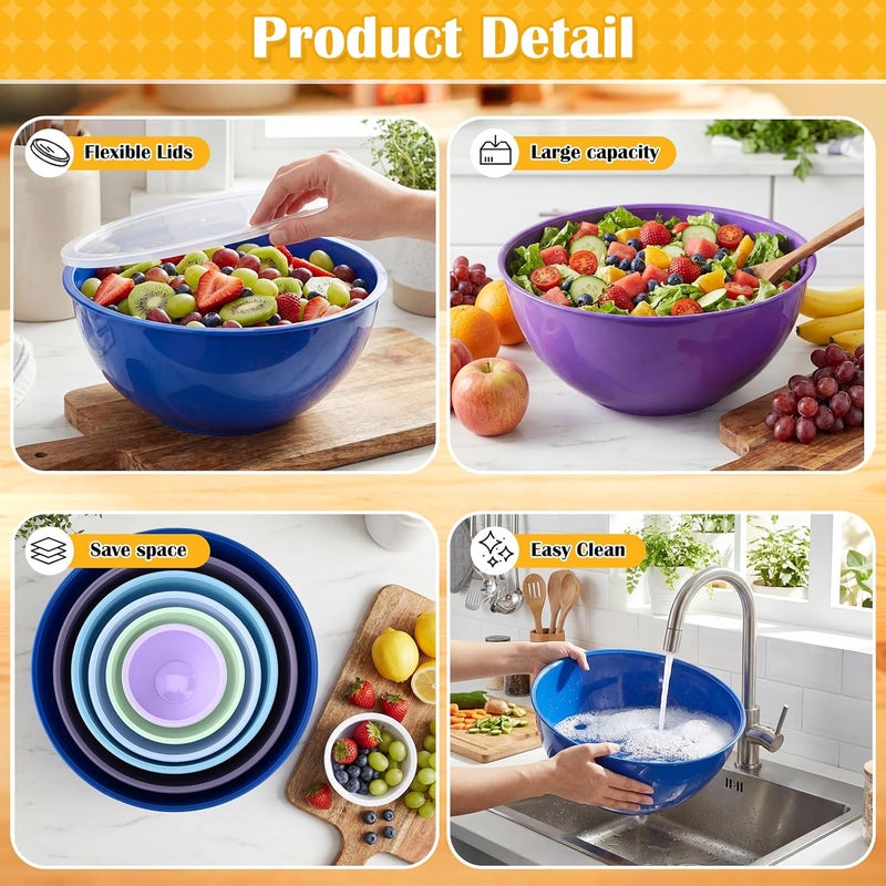 LemonRoad 6 Pcs Plastic Mixing Bowl Set with Lids Colorful Serving Bowl Nesting Storage Bowls for Kitchen, Baking, Prepping, Cooking and Serving Food, Dishwasher & Microwave Safe (Dark Blue) - Image 4