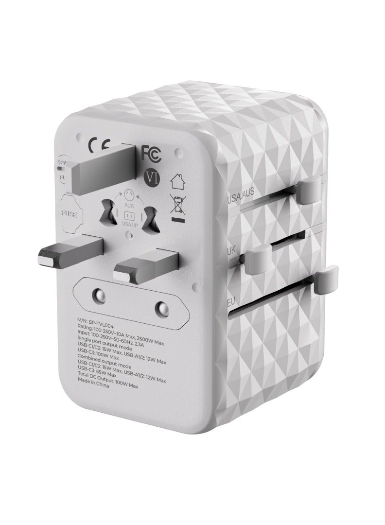 blupebble Passport 4 World Travel Adapter With GaN III Tech 100W Fast Charging, 3 USB-C, 2 USB-A Worldwide Wall Charger for iPhone, Tablets, Laptop, Plug Adapter USA, UK, EU, AU - Image 3