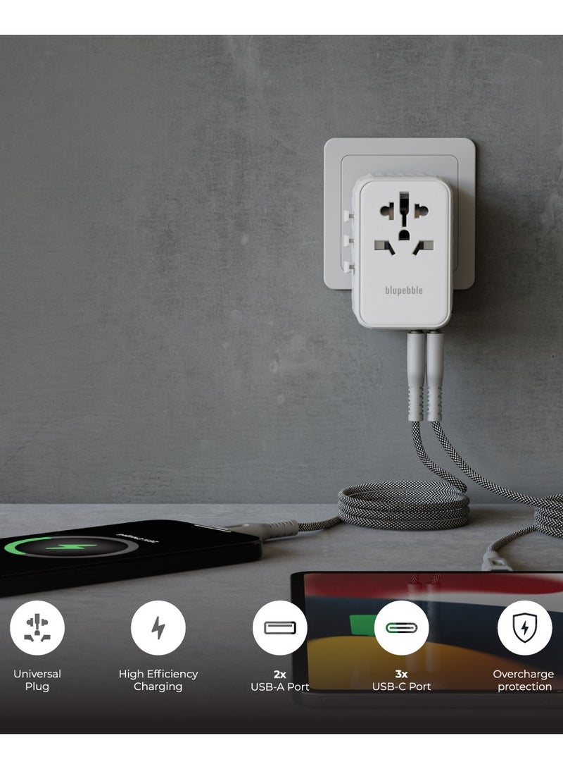 blupebble Passport 4 World Travel Adapter With GaN III Tech 100W Fast Charging, 3 USB-C, 2 USB-A Worldwide Wall Charger for iPhone, Tablets, Laptop, Plug Adapter USA, UK, EU, AU - Image 4