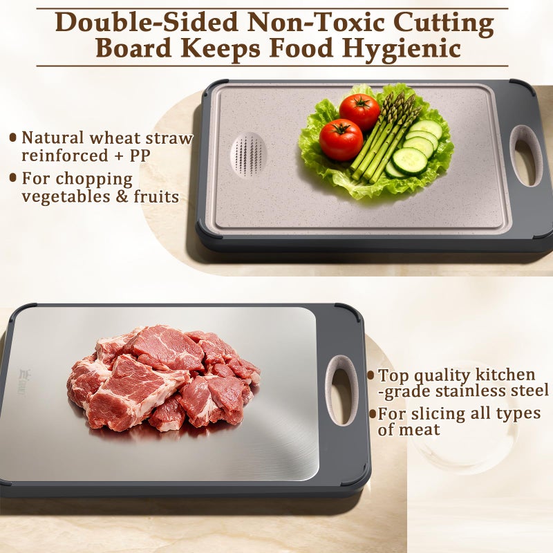 GUANCI Cutting Board for Kitchen, Stainless Steel Cutting Board Double Sided for Chopping Meat/Vegetables, Stainless Steel/Wheat Straw PP, Kitchen Gifts Easy to Clean Large 16â€Ã—11â€ - Image 2