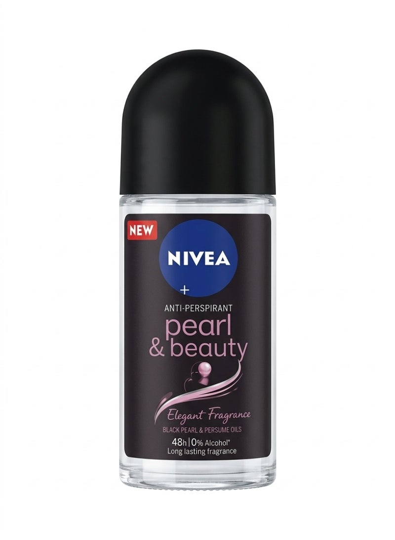 NIVEA Pearl & Beauty Antiperspirant Roll-On, specially formulated for women.  Key product details:  Protection: Provides 48-hour effective protection against perspiration and body odor.  Key ingredients: Contains natural black pearl extract and essential oils.  Skin benefits: Helps smooth and beautify the underarm area, and evens skin tone thanks to pearl extracts.  Fragrance: Features an elegant, long-lasting floral scent.  Formula: Ethyl alcohol-free (0% alcohol).  Dermatologically tested for skin compatibility.  Application: Apply under the arms and allow to dry completely before dressing.  Medical note: Do not use on irritated or damaged skin. For best results, follow the instructions on the packaging.