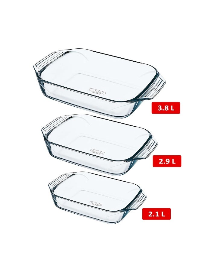 طقم أطباق مكون من 3 زجاجية مستطيلة للفرن والمايكروويف والفريزر وغسالة الصحون (3.8 لتر + 2.9 لتر + 2.1 لتر) - Image 2