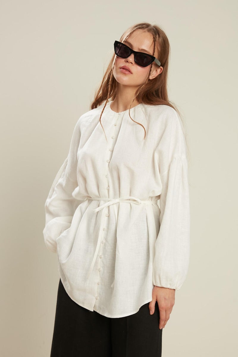 Manuka Linen Balloon Sleeve Shirt Ecru  - Image 2