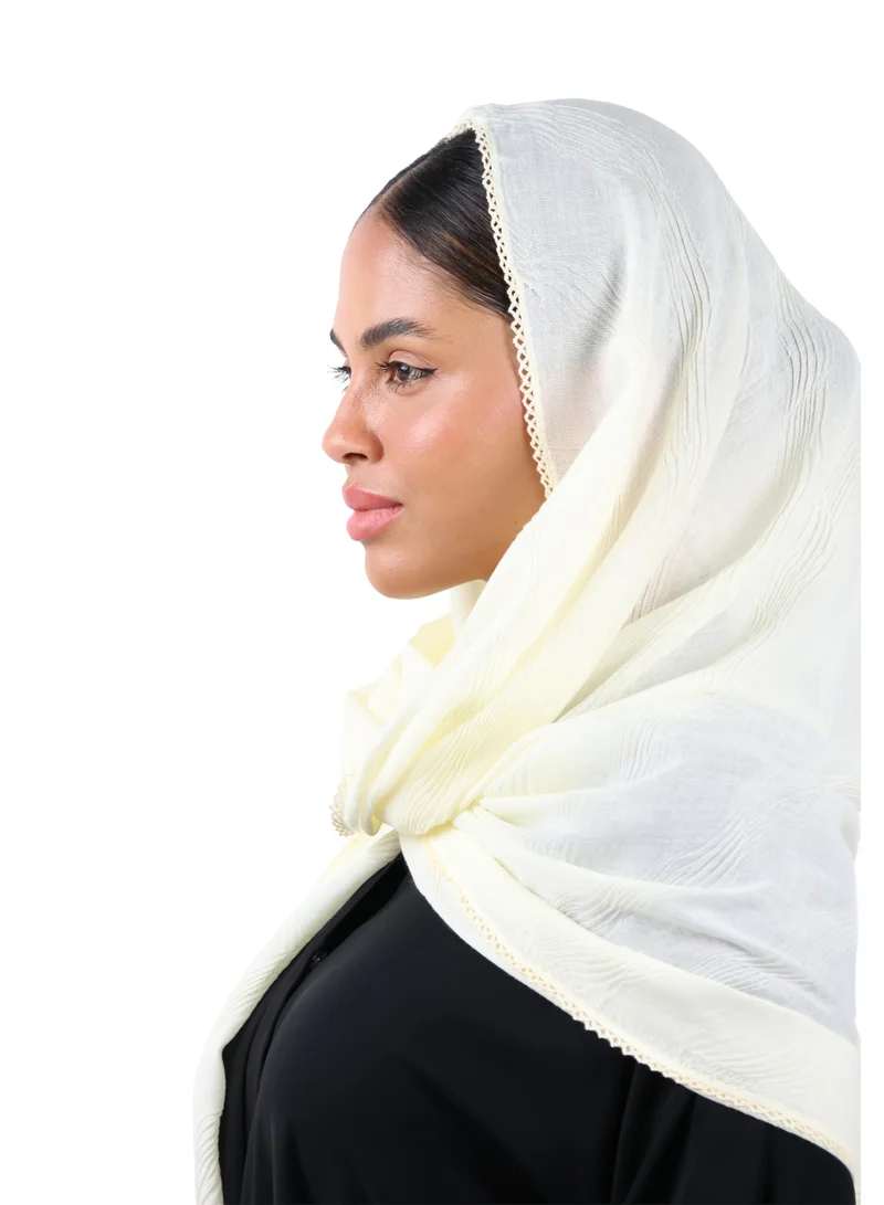 Jameela  Wave Pattern Cotton Crush Scarf with Lace Trim (Ivory) for Women | Best Price UAE