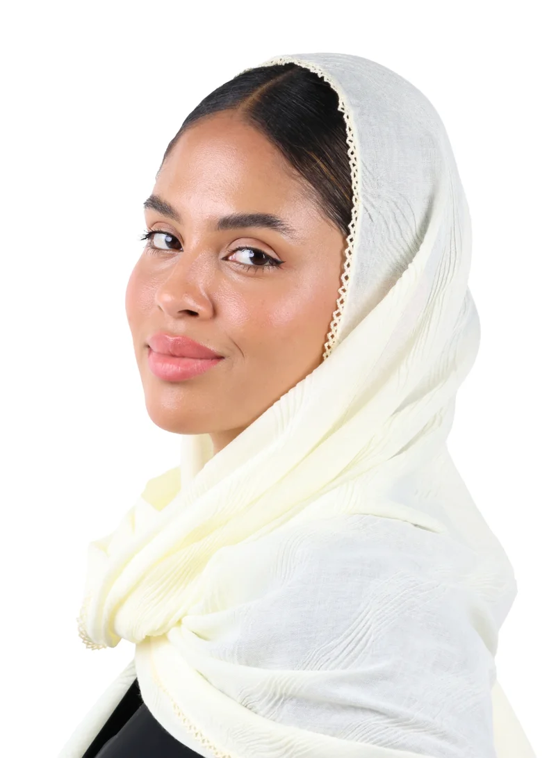 Jameela  Wave Pattern Cotton Crush Scarf with Lace Trim (Ivory) for Women | Best Price UAE