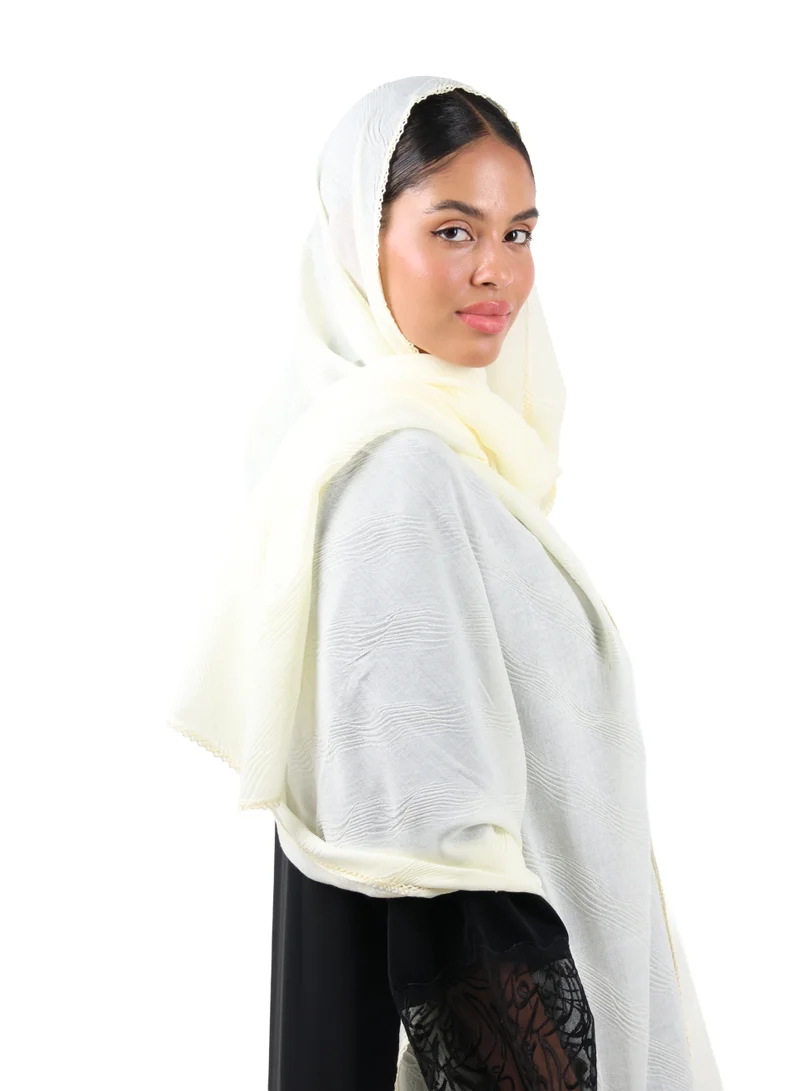 Jameela  Wave Pattern Cotton Crush Scarf with Lace Trim (Ivory) for Women | Best Price UAE