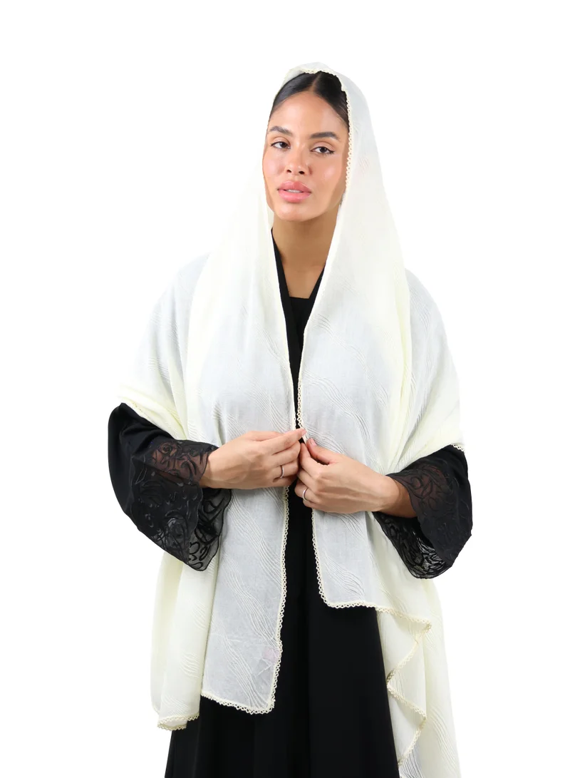 Wave Pattern Cotton Crush Scarf with Lace Trim (Ivory)