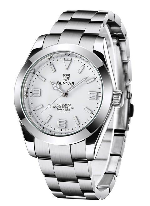 Men's Elegant 41MM Automatic Mechanical Watch Waterproof Stainless Steel Strap Luminous Casual Business Analog Wristwatch,White