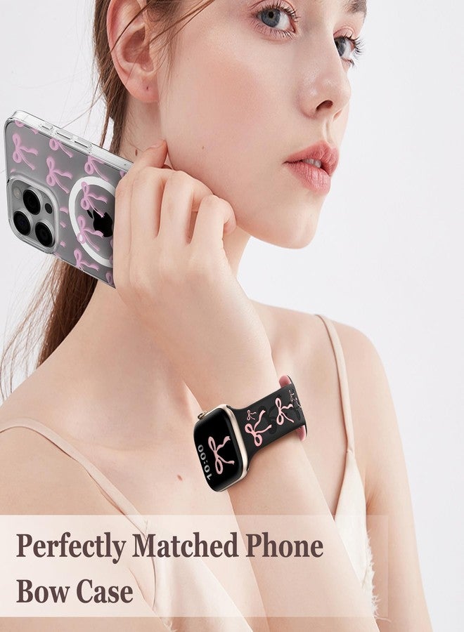 YMHML Bow Band Compatible with Apple Watch Bands for Women 40mm 42mm 41mm 38mm 44mm 45mm 46mm 49mm, Engraved Cute Silicone Inlay Dressy Pink Ribbon Strap for iWatch Series 10 9 8 7 6 5 4 3 SE Ultra - Image 5