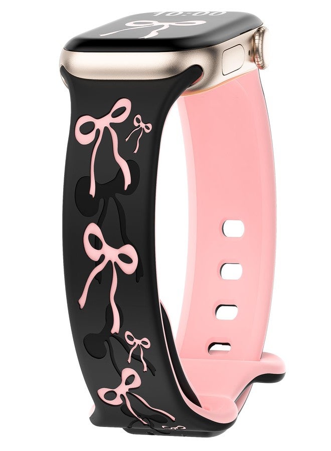 YMHML Bow Band Compatible with Apple Watch Bands for Women 40mm 42mm 41mm 38mm 44mm 45mm 46mm 49mm, Engraved Cute Silicone Inlay Dressy Pink Ribbon Strap for iWatch Series 10 9 8 7 6 5 4 3 SE Ultra - Image 1