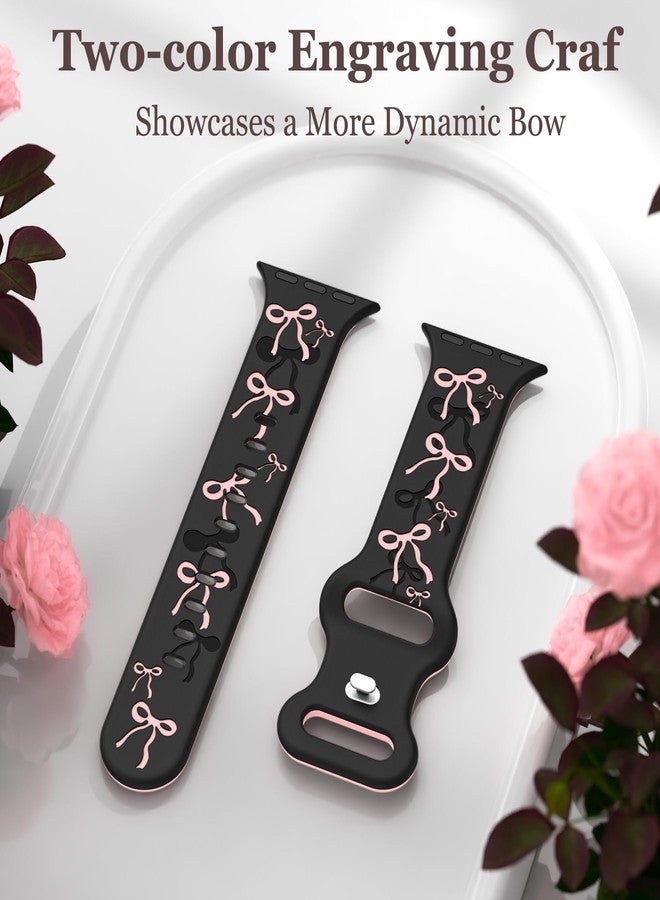YMHML Bow Band Compatible with Apple Watch Bands for Women 40mm 42mm 41mm 38mm 44mm 45mm 46mm 49mm, Engraved Cute Silicone Inlay Dressy Pink Ribbon Strap for iWatch Series 10 9 8 7 6 5 4 3 SE Ultra - Image 2