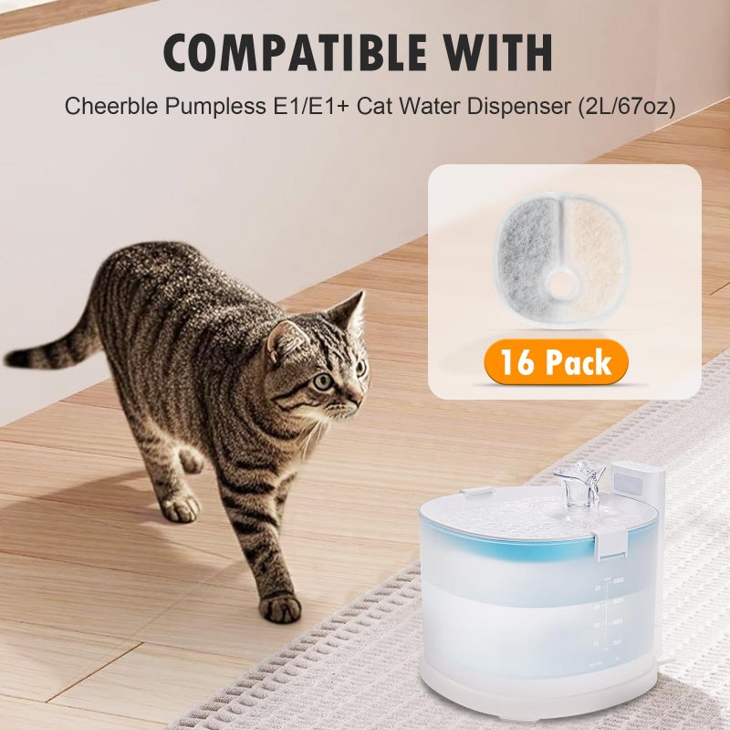KTNAid Filter Replacements Compatible with E1/E1+ Cat Fountain (2L/67oz), 16 Pack refills of 1 Year Set for Pet Water Fountain - Image 2