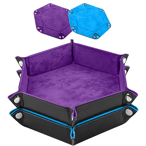 SIQUK 2 Pieces Dice Tray PU Leather Dice Folding Hexagon Tray Dice Holder for Dice Games Like RPG, DND and Other Table Games (Violet, Sky Blue) - Image 1