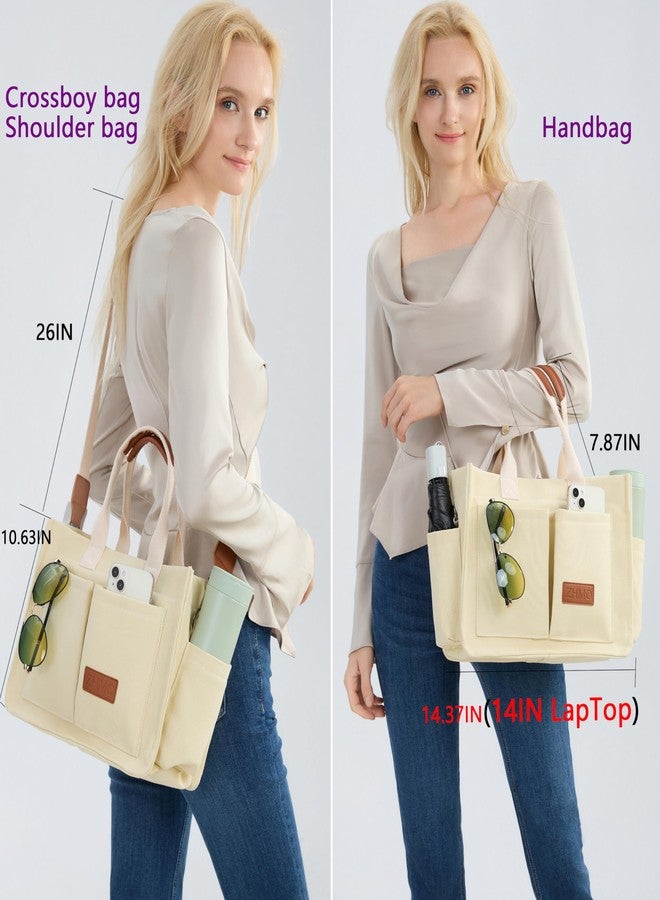 ZHMO Large Top Handles Canvas Tote Bag for Women With Zipper Pockets,White Laptop Crossbody Purses Satchel Everyday Shoulder Hobo Work Bag Handbags for Gift Teacher Beach Travel Gym Book Weekend Nurse - Image 3