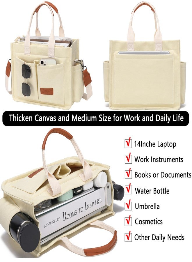 ZHMO Large Top Handles Canvas Tote Bag for Women With Zipper Pockets,White Laptop Crossbody Purses Satchel Everyday Shoulder Hobo Work Bag Handbags for Gift Teacher Beach Travel Gym Book Weekend Nurse - Image 4