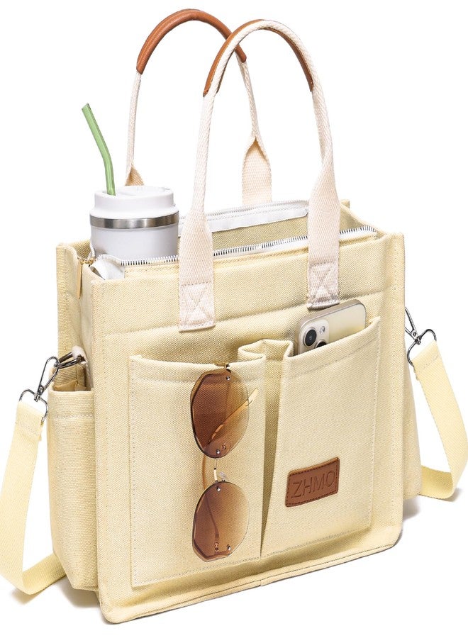 ZHMO Large Top Handles Canvas Tote Bag for Women With Zipper Pockets,White Laptop Crossbody Purses Satchel Everyday Shoulder Hobo Work Bag Handbags for Gift Teacher Beach Travel Gym Book Weekend Nurse - Image 1