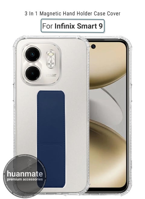 Infinix Smart 9 Magnetic Case With Hand Grip Holder & Kickstand - Strong Grip for Magnetic Car Holder, Stylish & Functional, Ultimate Convenience & Hands-Free Viewing - Clear/Navy Blue