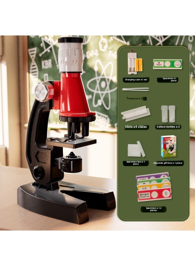 Loquat Junior High School Children Optical Microscope 1200 Times Professional Biological Science Equipment Small Experiment Educational Toys-Specifications:Red - 1200 Times Microscope + 12 Specimens-Color: - Image 1