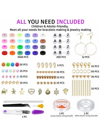 6000+ Polymer Clay Beads for Bracelet Making Kit - DIY Jewelry Set with Pendant Charms, Elastic Strings, 24 Colors Preppy Spacer Flat Beads for Bracelets, Necklace, Earrings - view 2
