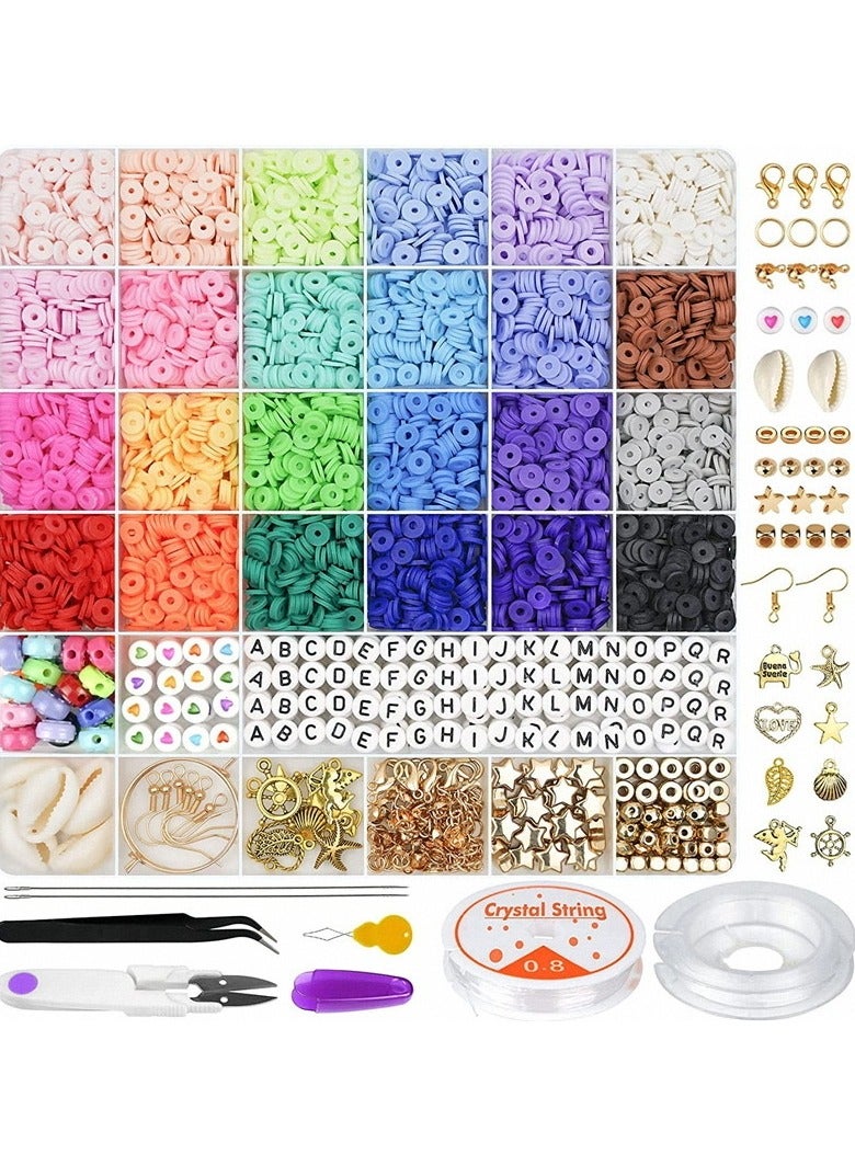 6000+ Polymer Clay Beads for Bracelet Making Kit - DIY Jewelry Set with Pendant Charms, Elastic Strings, 24 Colors Preppy Spacer Flat Beads for Bracelets, Necklace, Earrings