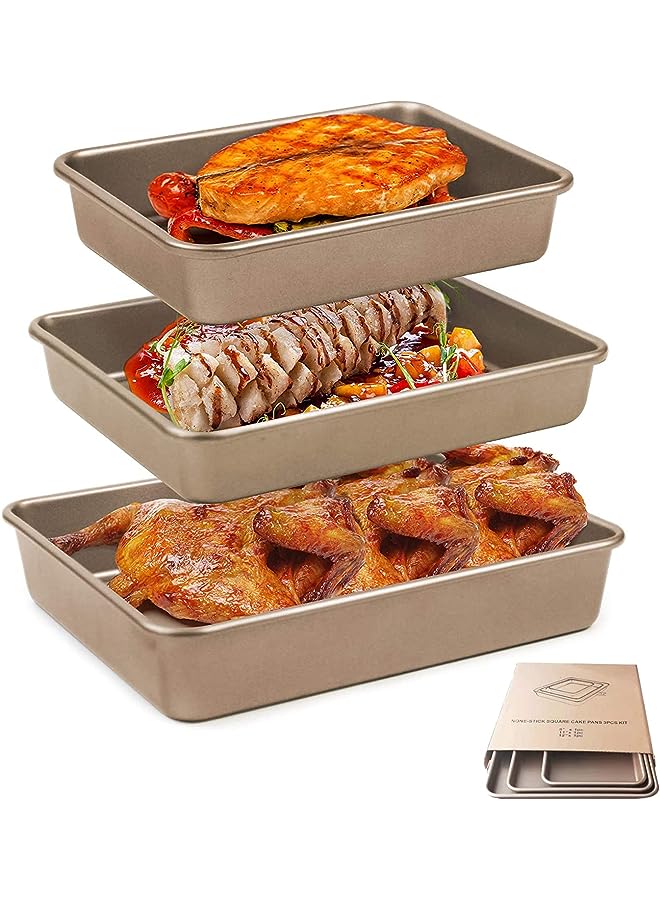 مجموعة صينية خبز عميقة مستطيلة، 3 قطع من صينية الكيك المصنوعة من الألومنيوم، أوراق خبز غير لاصقة، صينية خبز، فرن محمصة خبز، طلاء غير لاصق آمن للطعام - Image 1