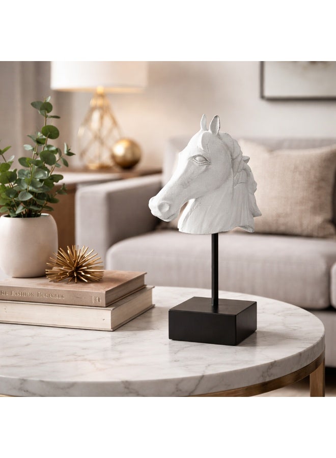 Handmade Horse Head Decor Sculpture, White with Black MDF Base - Image 1