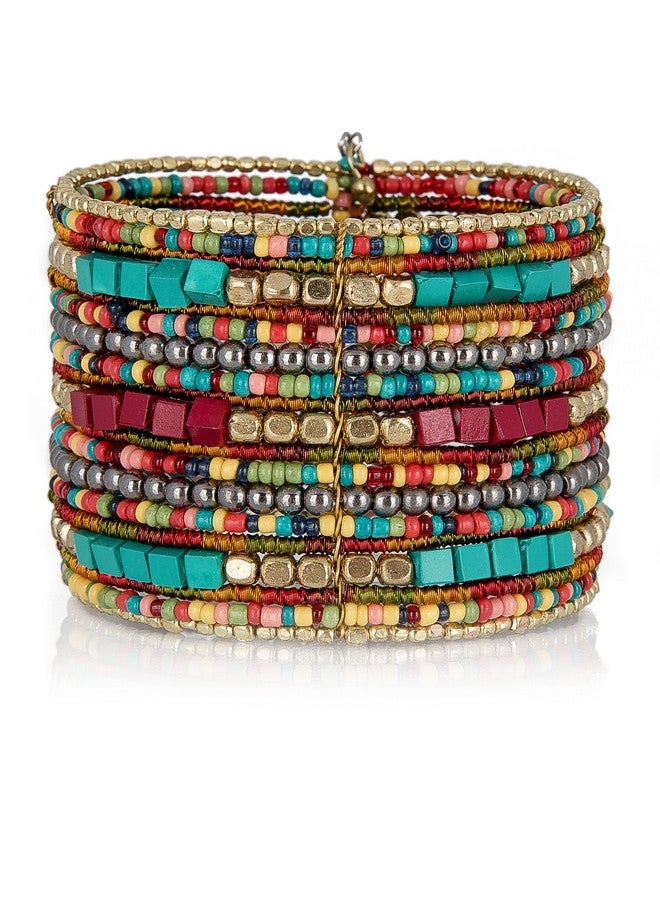 SPUNKYsoul Bohemian Multicolored Beaded Cuff Bracelets For Women Collection (Teal Red Cube) - Image 1