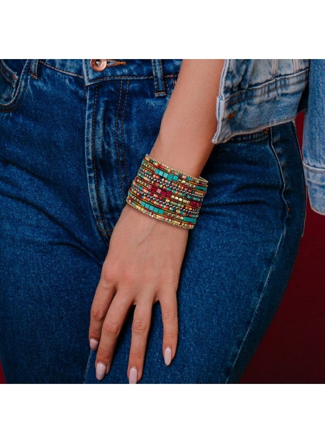 SPUNKYsoul Bohemian Multicolored Beaded Cuff Bracelets For Women Collection (Teal Red Cube) - Image 2