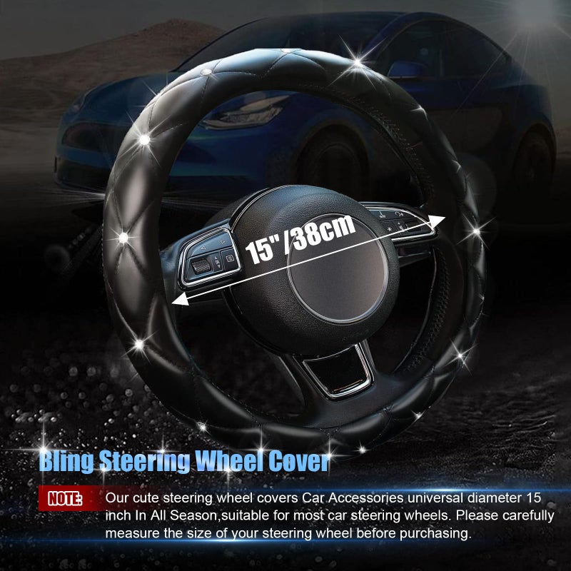 SuperKaKa Black Steering Wheel Cover 2025, Auto Cute Girly Diamond Bling Comfort Leather Car Interior Accessories Protector Sparkly Automotive Decoration for Women Men - Image 2