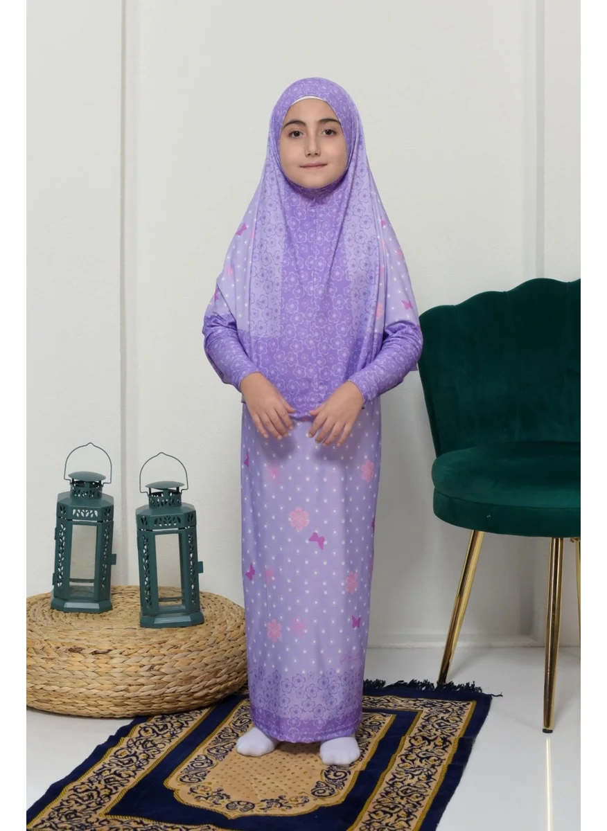 التوبة Children's Prayer Set Practical Two-Piece Patterned Sleeves Removable Headscarved Lycra Hijab Dress (6-12 Years) 901-0102