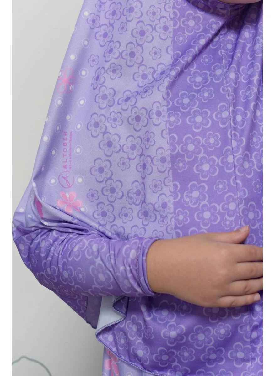 Altobeh Children's Prayer Set Practical Two-Piece Patterned Sleeves Removable Headscarved Lycra Hijab Dress (6-12 Years) 901-0102