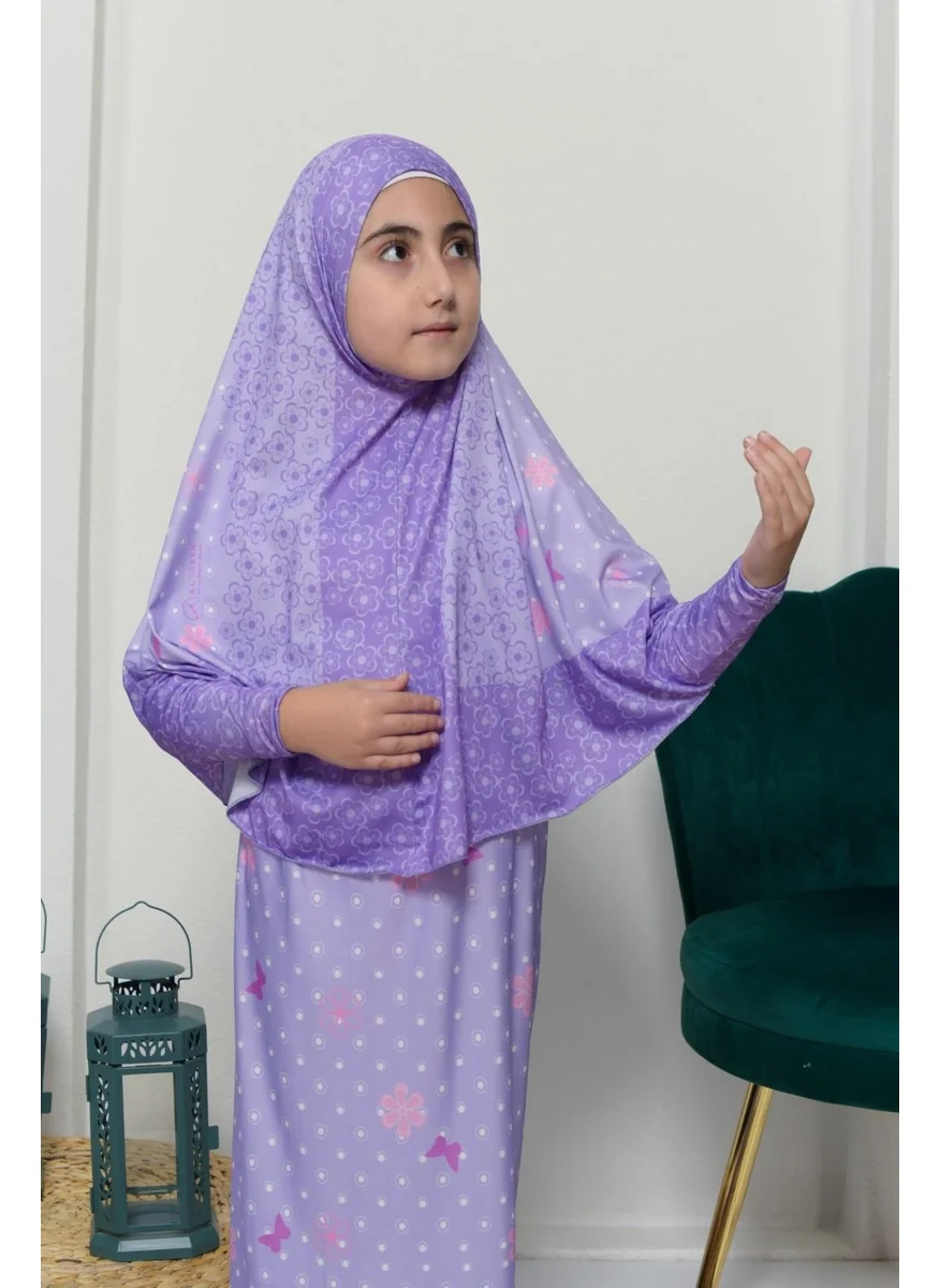 Altobeh Children's Prayer Set Practical Two-Piece Patterned Sleeves Removable Headscarved Lycra Hijab Dress (6-12 Years) 901-0102
