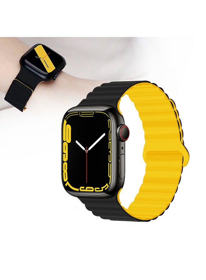 حزام مغناطيسي مزدوج الجانب قابل للانعكاس 41 مم 40 مم 38 مم حزام حلقة سيليكون ناعم لمشاهدة السلسلة 8/7 / SE / 6/5/4/3/2/1 أسود / أصفر - Image 1