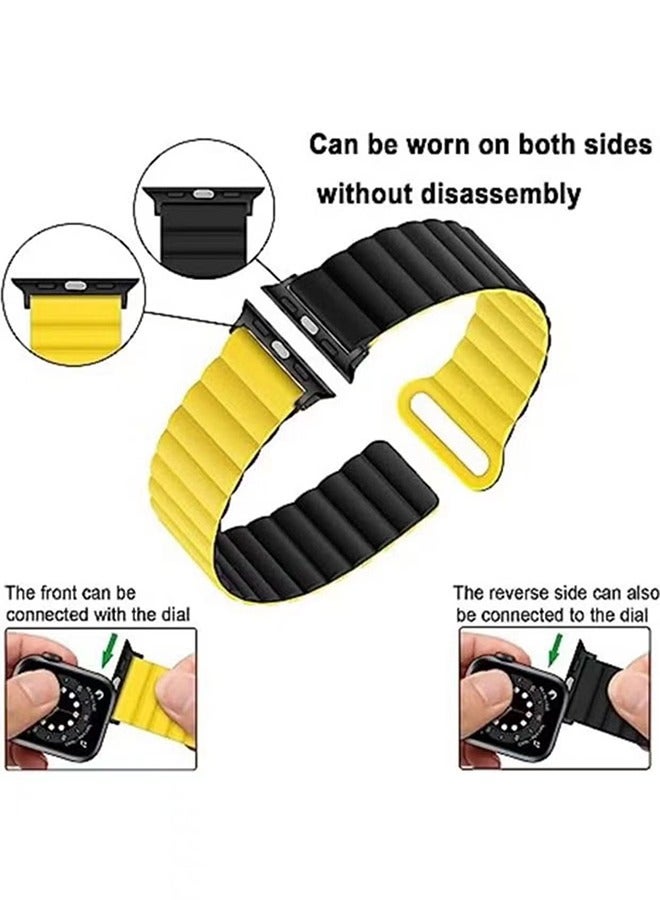 حزام مغناطيسي مزدوج الجانب قابل للانعكاس 41 مم 40 مم 38 مم حزام حلقة سيليكون ناعم لمشاهدة السلسلة 8/7 / SE / 6/5/4/3/2/1 أسود / أصفر - Image 2