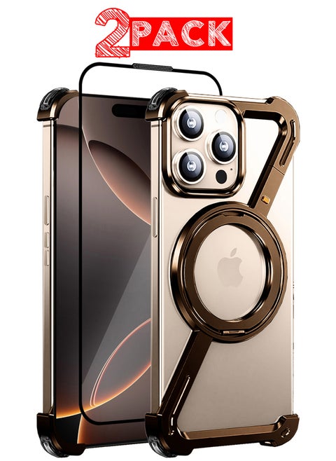 (for iPhone 16 Pro Max) 2 Pack Case and Screen Protector 360° Rotation, Aluminum and Metal Stand, Frameless, Shock Grade Protective Case Desert Titanium