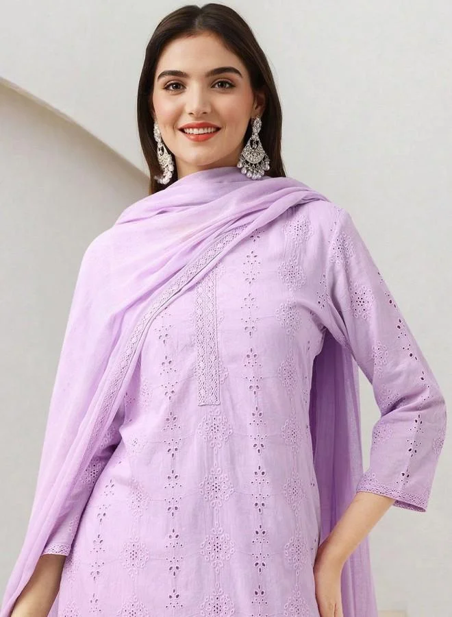 ISHIN Women'S Lilac 100% Cotton Embroidered Tunic Full Length Palazzo Straight Fit Kurta Set