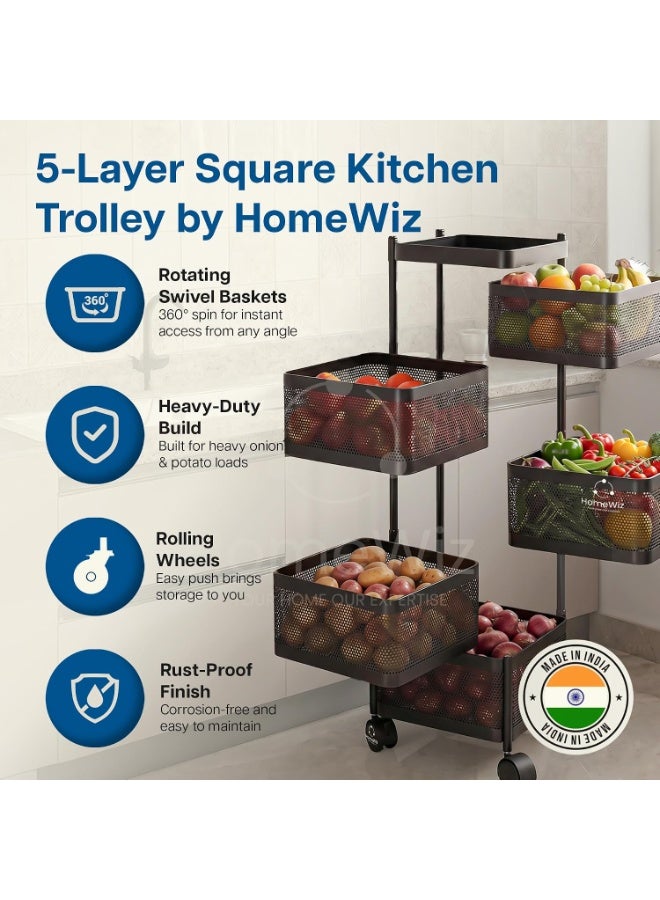 HomeWiz رف مطبخ مربع من HomeWiz مكون من 5 طبقات | عربة فولاذية متينة للغاية تدوم مدى الحياة | وحدة تخزين للمطبخ | رف للبصل والبطاطس | رف تخزين متعدد الاستخدامات للفواكه والخضروات | مقاوم للصدأ تماماً - Image 4