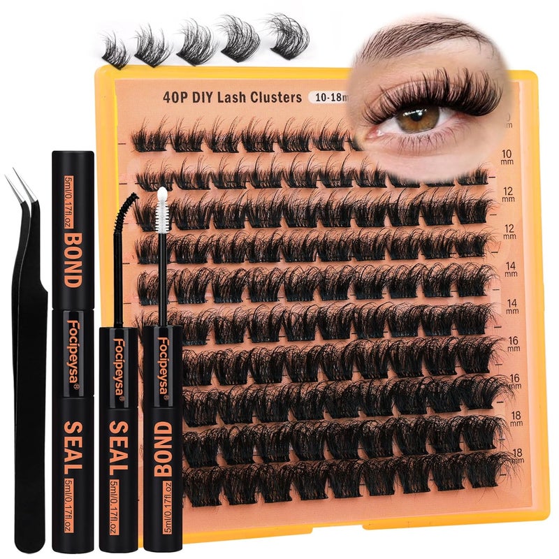 Focipeysa Thick Lash Extension Kit Fluffy Lash Clusters 40P Eyelash Extension Kit DIY Lash Extension Kit with Bond and Seal Glue, Lash Applicator DIY at Home for Beginner (40P 10-18MM)