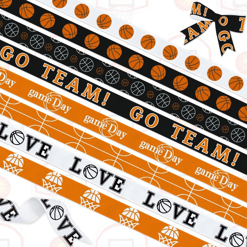 YKW Basketball Ribbons Set, 8 Rolls x 3 Yards Each, 3/8" Wide Grosgrain Ribbons for Gift Wrapping, Party Decor, DIY Crafts - Sports Themed Supplies for Home & Events - Image 1